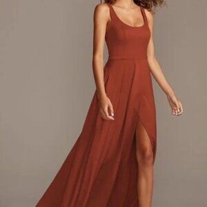 David’s Bridal Cinnamon Crepe Satin Scoop Tank Dress w/ Pockets - F20098